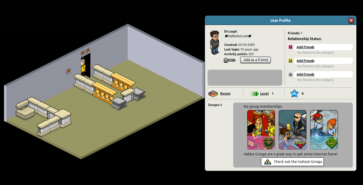 'Falling Furni' owned by someone who hasn't logged in for 19 years! Although the room might not be much, i still love to find old accounts like these! 😁

#habbo #habbohotel #oldskool #memories #nostalgia #game #online #exploration #roomraiding #HH #Room #OldSchool