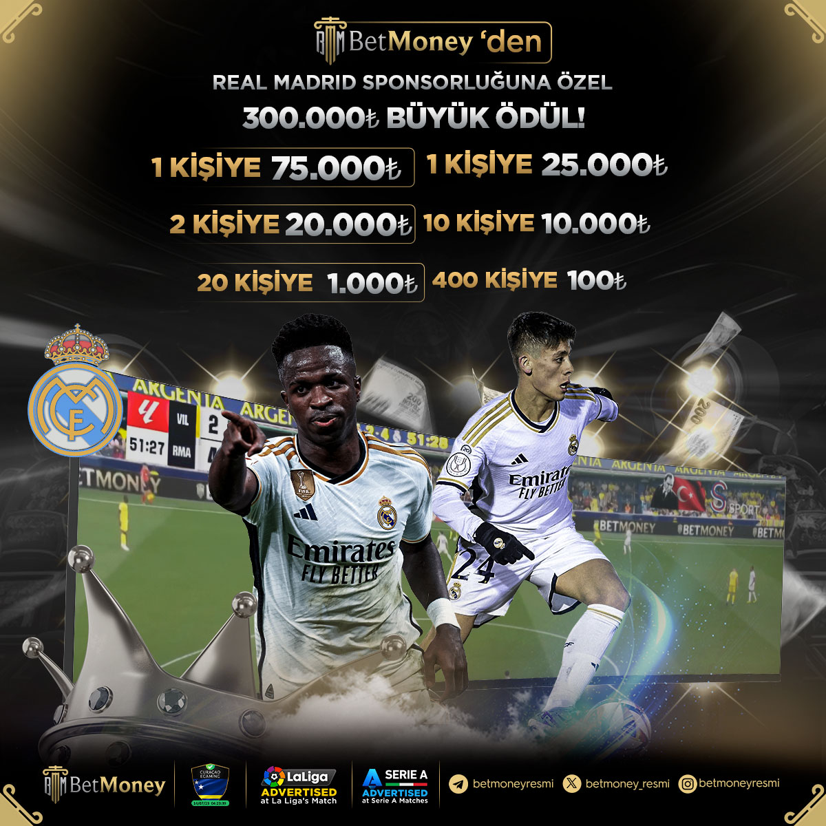 🚨  BETMONEY'DEN REAL MADRİD SPONSORLUĞUNA ÖZEL 300.000₺ BÜYÜK ÖDÜL 🚨

❗ Katılım Şartları;
🔺 #RealMadridResmiSponsoruBetMoney Hashtag'ı Yoruma Yaz!
🔺 Yoruma 5 Arkadaşını Etiketle!
🔺 RT ve FAV Yap!
🔺 Kullanıcı ID Numaranı Google Forma Bırak!

👉 docs.google.com/forms/d/e/1FAI…