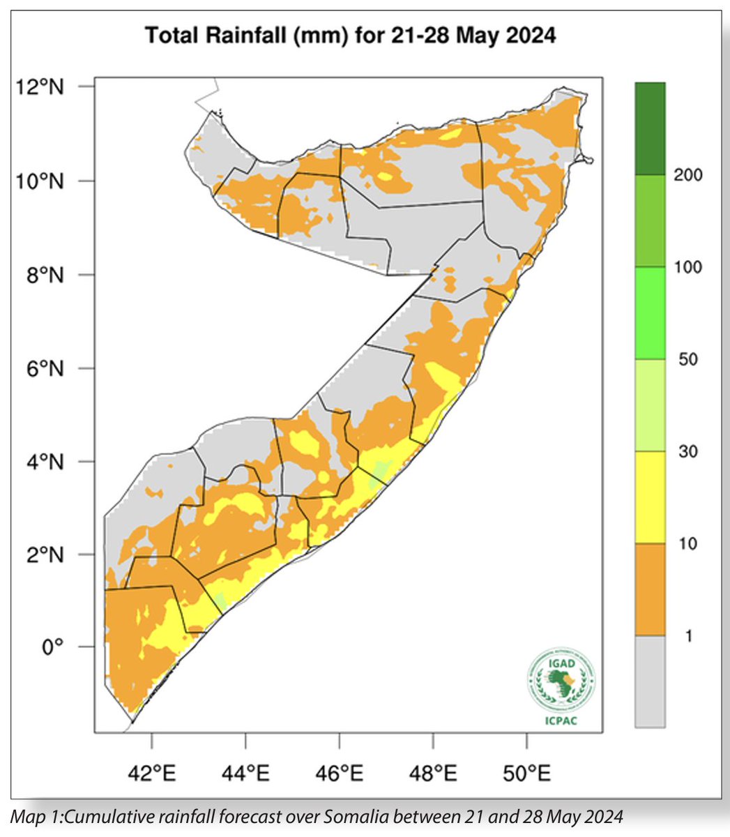 @FAOSWALIM Rainfall Forecast 🌧️ Light rains inland, moderate at the coast ⚠️ High risk of floods likely in Belet Weyne ⚠️ Strong winds, waves & flash floods are possible in Lower Juba coast areas 👉bit.ly/4buaOiw