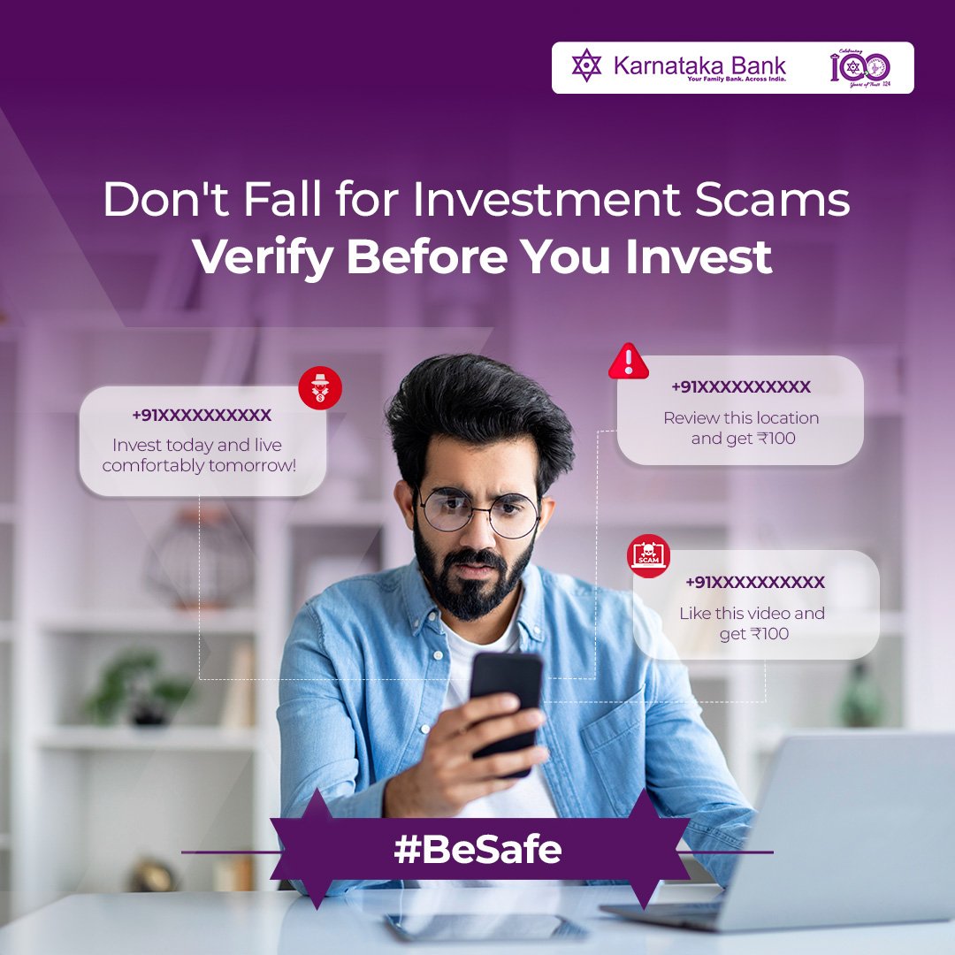 Be cautious with your online actions, only interact with known and secured sources.

#karnatakabank #besafe #fraudalert #fraudawareness #bankingfraud #banking #easybanking