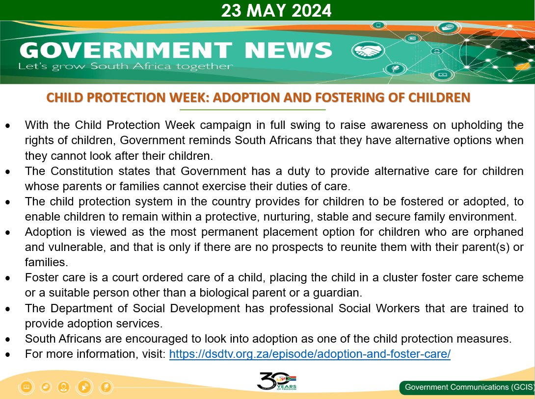 GCISMedia's tweet image. With the Child Protection Week campaign in full swing to raise awareness on upholding the rights of children, Government reminds South Africans that they have alternative options when they cannot look after their children.

@The_DSD 
@GovernmentZA 

#ChildProtectionWeek2024