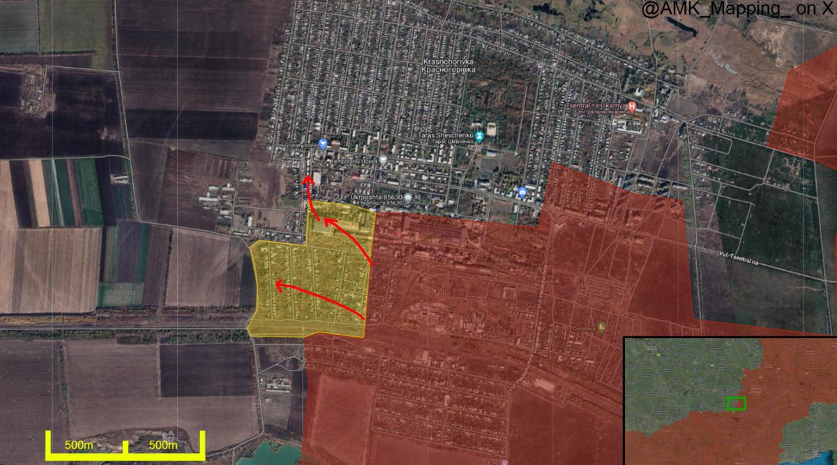 Geolocated footage indicates that Russian forces advanced in southwestern Krasnohorivka, seizing the rest of the refractory plant and the southern residential area. They are now attacking north, up Rynkova street.
However, this is likely an older advance as I believe reports of