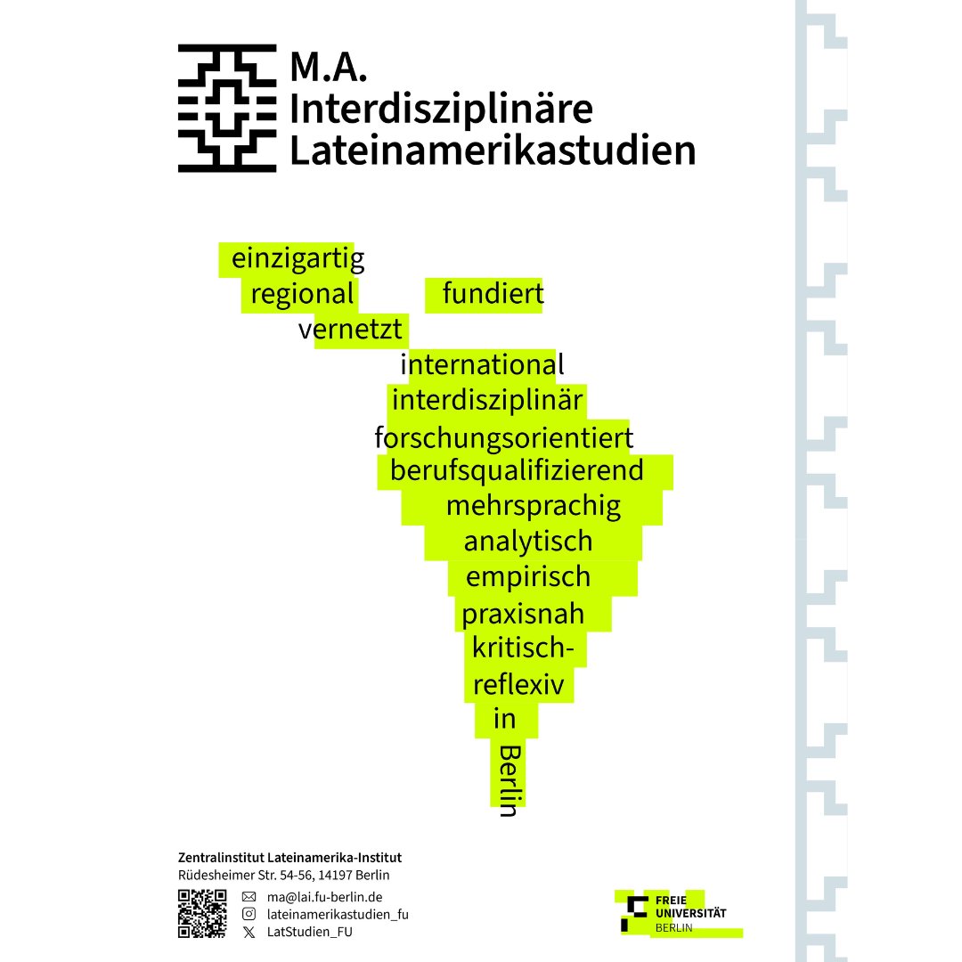✨ ¿Quieres aplicar a la Maestría en Estudios Latinoamericanos Interdisciplinarios? 🤩 

🤓 El periodo de postulación ya comenzó y termina el 15 de agosto 👀

Toda la información aquí 🌎lai.fu-berlin.de/es/studium/mas… 

#MasterLAI #FUBerlin