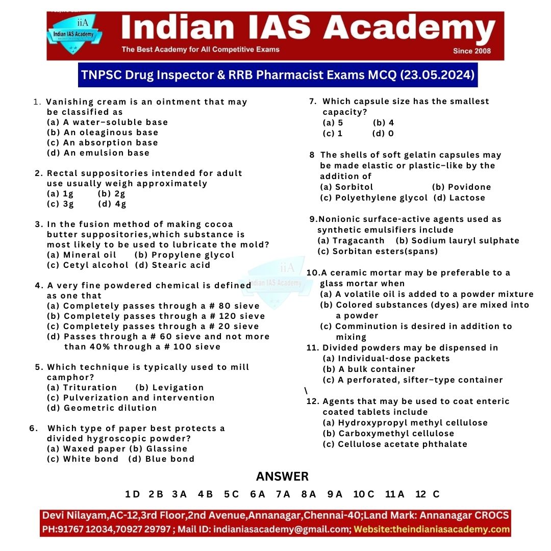 Indian IAS Academy's Drug Inspector  & RRB Pharmacist Exam MCQ English (23.05.2024)
#rrb #ssc #ssccgl #upsc #upscaspirants #upscpreparation #upscexam #upscexampreparation #upscexams #tnpsc #tnpscgroup4 #tnpsccurrentaffairs #tnpscpreparation #tnpscpreparationexam #tnpscplanner