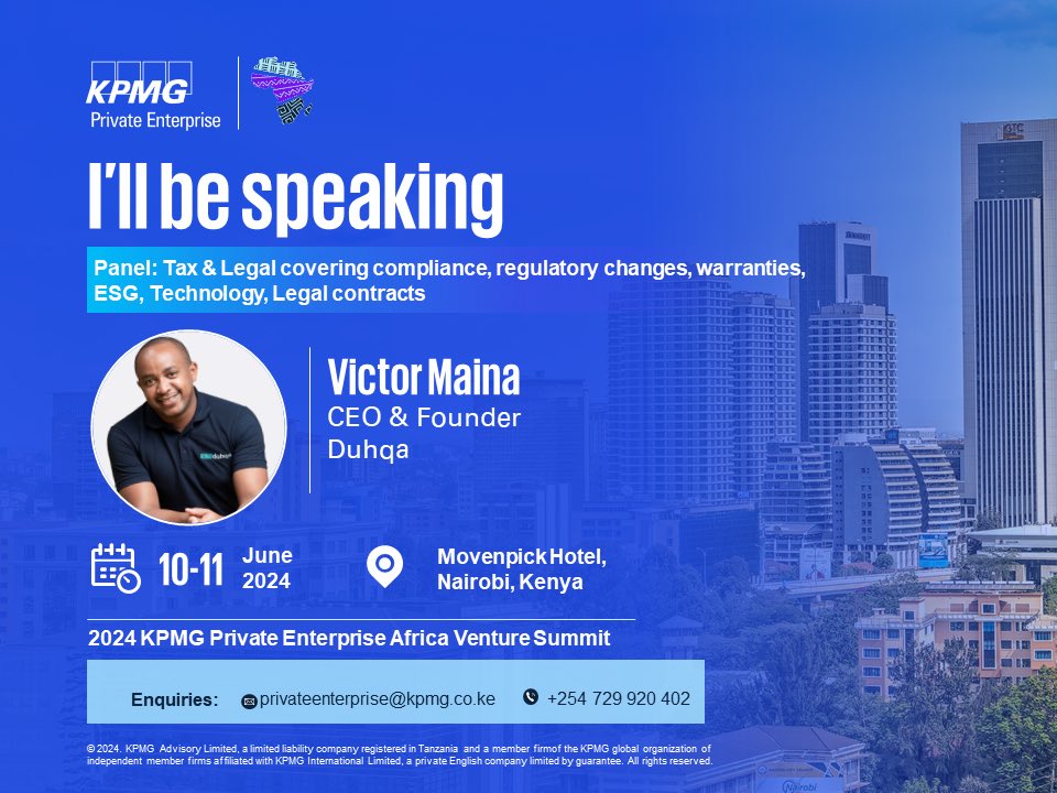 I will be a panel speaker at the upcoming 2024 KPMG Private Enterprise Africa Venture Summit, June 10-11, Nairobi, sharing how compliance requirements &amp; regulatory changes play a critical role in the ease of doing business in Africa.
Secure your spot here: lnkd.in/dvXSbtMp