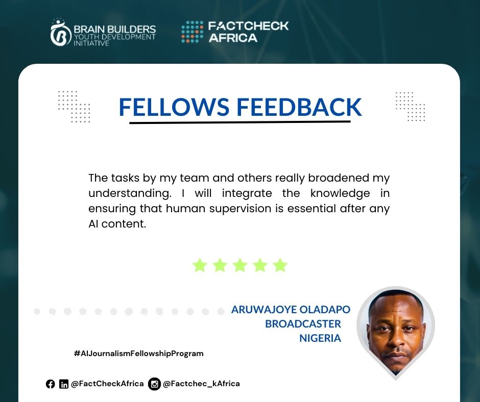 Feedback means a lot to us at FactCheckAfrica, and we are thrilled to consistently receive phenomenal responses from our AI Journalism Fellows about their experiences in each session.

Recently, Walid Al-Saqaf (<a href="/wsaqaf/">Walid Al-Saqaf</a>), Associate Professor in Journalism and Senior Lecturer in