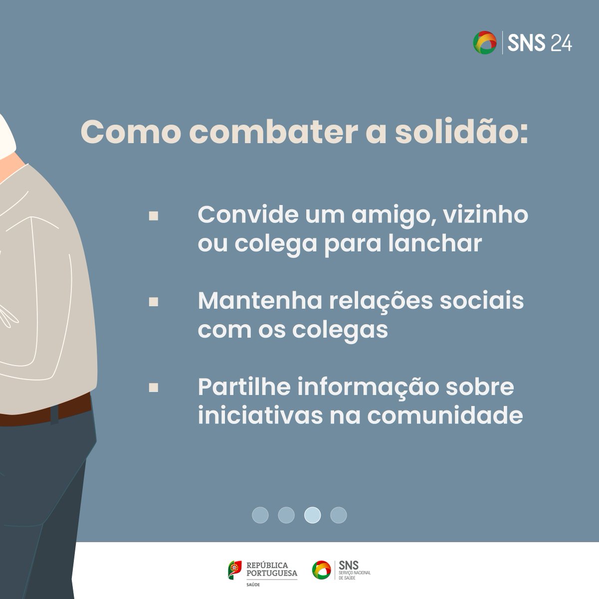 SNS_Portugal's tweet image. Todas as pessoas, em algum momento das suas vidas, podem sentir-se profundamente sós e incompreendidas. Conhece alguém que se sente assim? Ajude! Saiba mais: bit.ly/sns24-o-que-é-…. #Saúde #SNS #Solidão
©👉 SNS 24