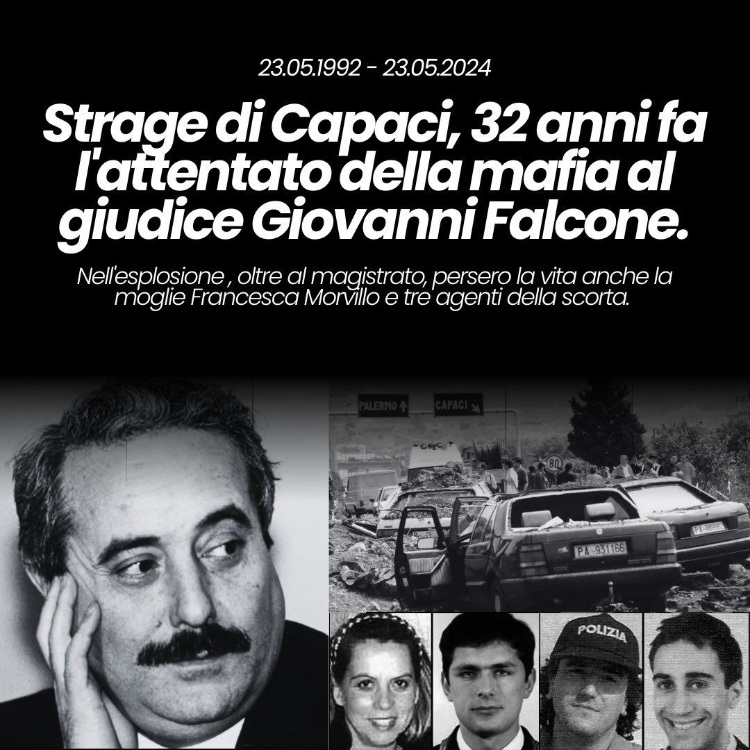 32 anni fa la strage di Capaci, dove persero vita Giovanni Falcone, la moglie Francesca Morvillo e gli agenti della scorta Vito Schifani, Rocco Dicillo e Antonio Montinaro. Il loro coraggio vivrà per sempre in tutti coloro che non abbasseranno mai testa difronte alla criminalità.