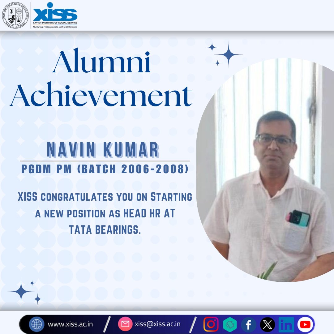 We are pleased to share that our #alumnus, Mr Navin Kumar, #PGDM-PM, Batch of 2006-08, has started a new position as the Head #HumanResource @tata_bearings. We extend our heartfelt congratulations and wishes to him. 
#alumniachievements #XISSRanchi