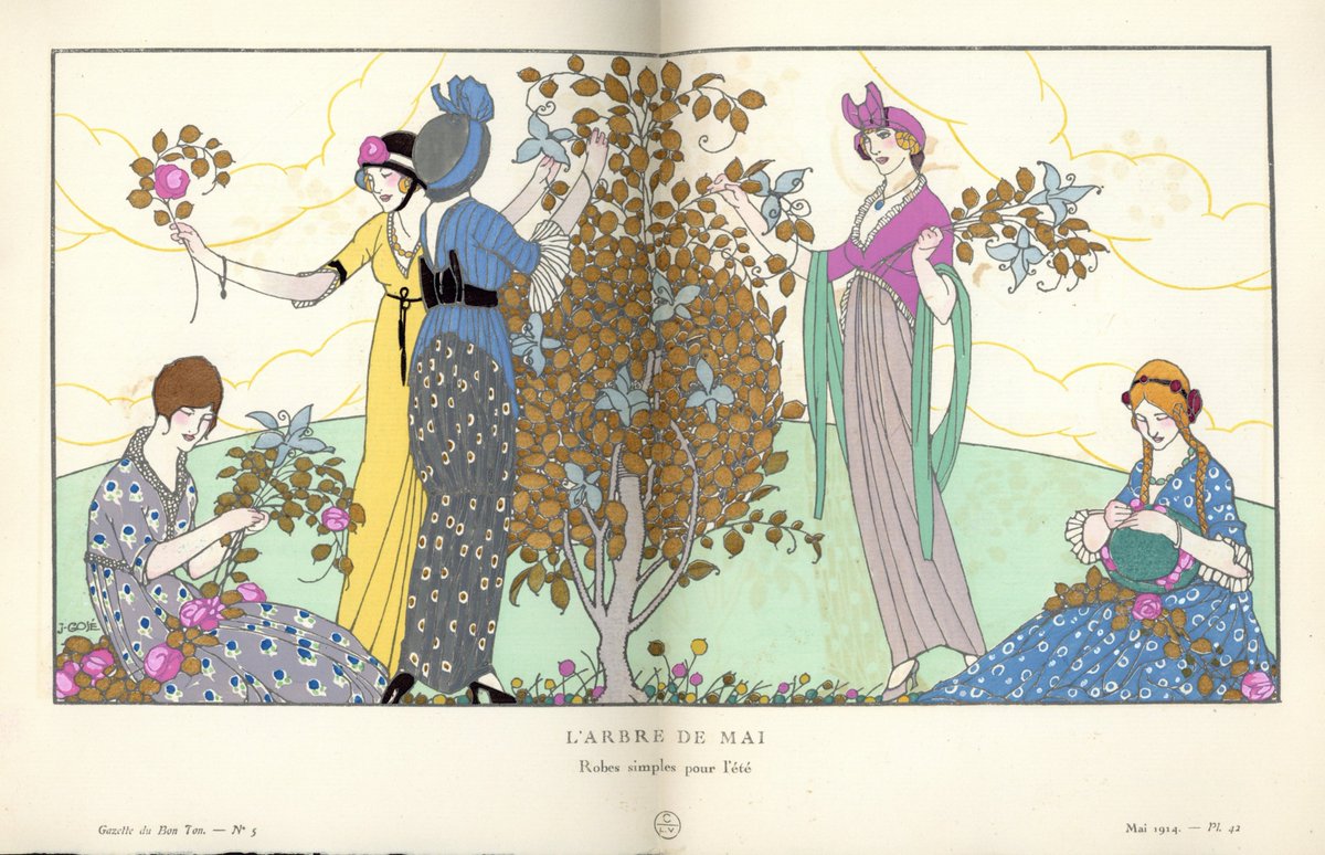 Enjoy the outdoors with these summer dresses for the afternoon around the May tree from Gazette du Bon Ton, 1914 for #bankholiday

@librarydmu @AStitchinTime13 @ArchiveHashtag @dmufashion #fashionhistory #fashion #1910s #fashionmagazines
