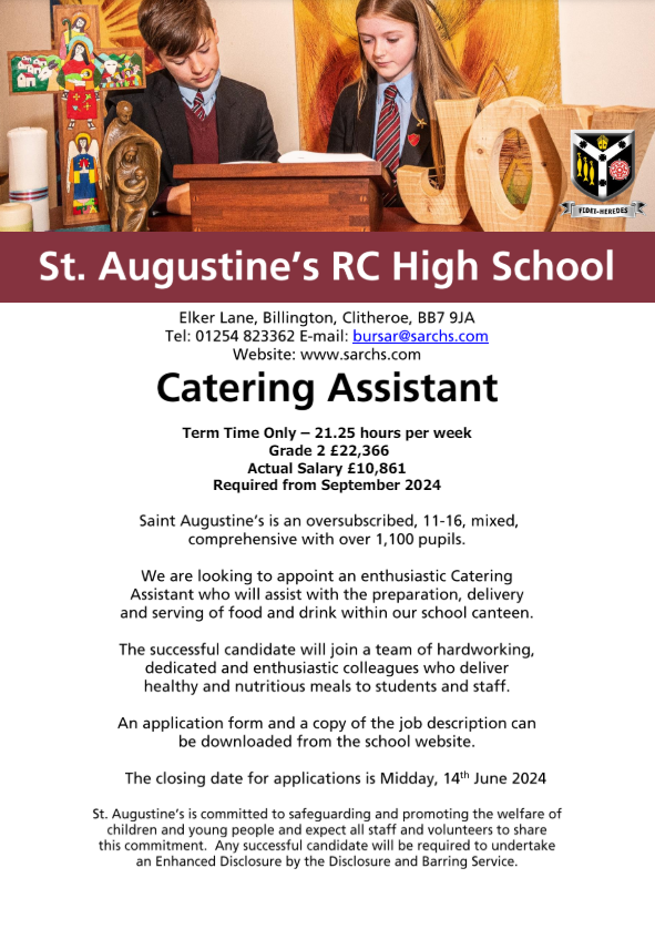Vacancy Governors are seeking to appoint an enthusiastic, highly motivated Catering Assistant to join our thriving Catholic school community. More details: sarchs.com/page/?title=Va… Closing date - Midday, 14th June