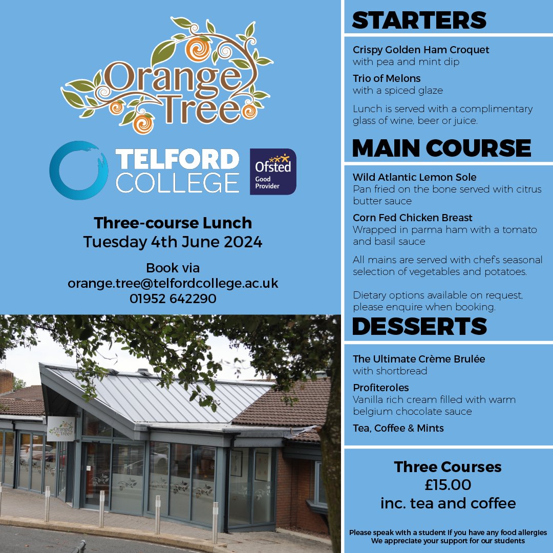 🌳 We're opening the doors of our student-run restaurant on Tuesday 4th June, between 12pm-1:30pm. Following a superb response so far, places are very limited. Don't miss out and book today 👇 📞 01952 642290 ✉️ orange.tree@telfordcollege.ac.uk