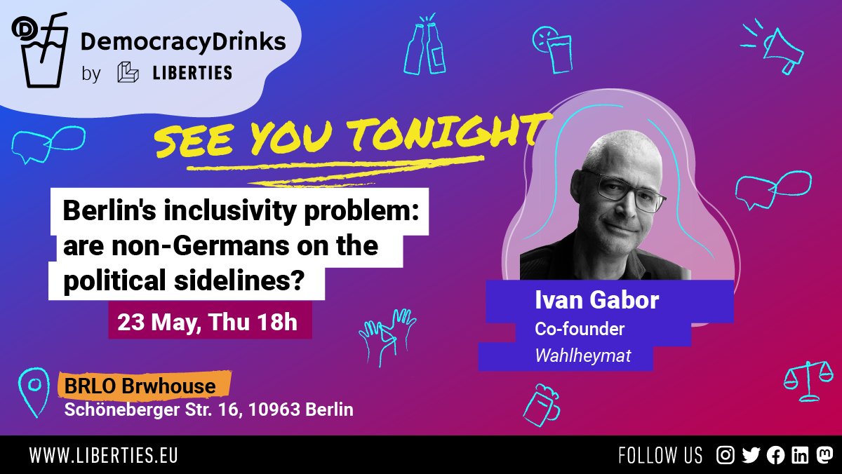 🍻 See you later today for Democracy Drinks Berlin w/ guest Ivan Gabor from Wahlheymat - we can almost the beer! 📍 BRLO Brwhouse, Schöneberger Str. 16, 10963 Berlin 📅 When? 18 - 20, Thurs 23rd May If you haven't already, RSVP now on Eventbrite ➡️ ddmay2024.eventbrite.com