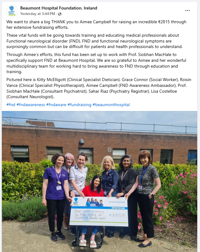 Amazing work by our FND Ireland Awareness Ambassador Aimée Campbell in fundraising €2,815 to go towards a dedicated FND training programme at Beaumont Hospital for educating healthcare professionals. 💚🧡 
@Beaumont_Dublin @BHPhysioCPD @socworkbeaumont 

#FND #FNDeducation