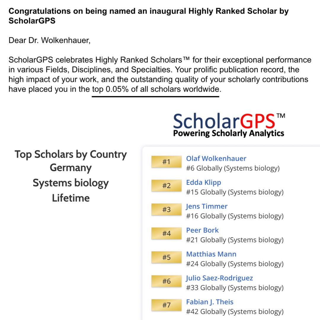 Gratulation: 👏ScholarGPS hat Olaf Wolkenhauer (@olafwolkenhauer) zum hochrangigen Wissenschaftler ernannt! Er ist u.a. Gastprofessor am @LeibnizLSB leibniz-lsb.de/institut/mitar… und belegt Platz 1 für #Systembiologie in Deutschland und Platz 6 weltweit scholargps.com/search.php?typ…