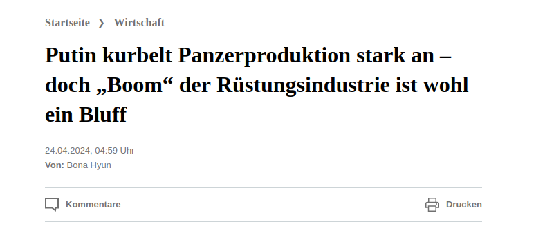 Typisch russische Propaganda:
„Boom“ der Rüstungsindustrie ist wohl ein Bluff

Theoretisch kann Russland viel mehr Granaten verschießen, wie es im Moment auf dem Schlachtfeld zu sehen gibt, es fehlt die Artillerie, die von der Ukraine in Massen zerstört wurde.
Die russischen