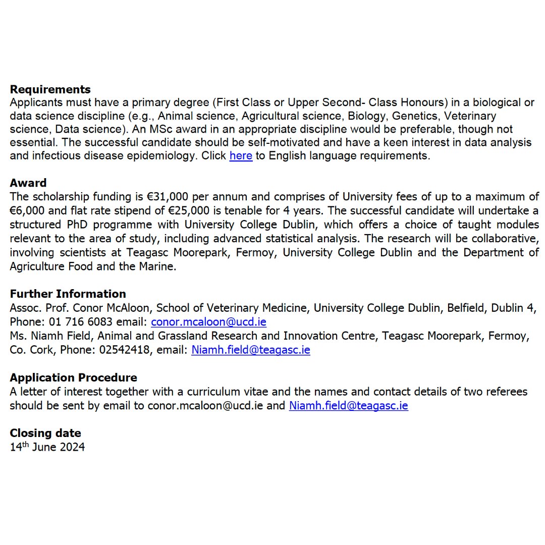 📢 Teagasc PhD Walsh Scholarship Opportunity: “Bovine tuberculosis in Ireland: Understanding temporal changes and potential for new policies” For further information & application procedure, see ⬇️ and our website: tinyurl.com/2bytsvjc Closing date: 14 June 2024.