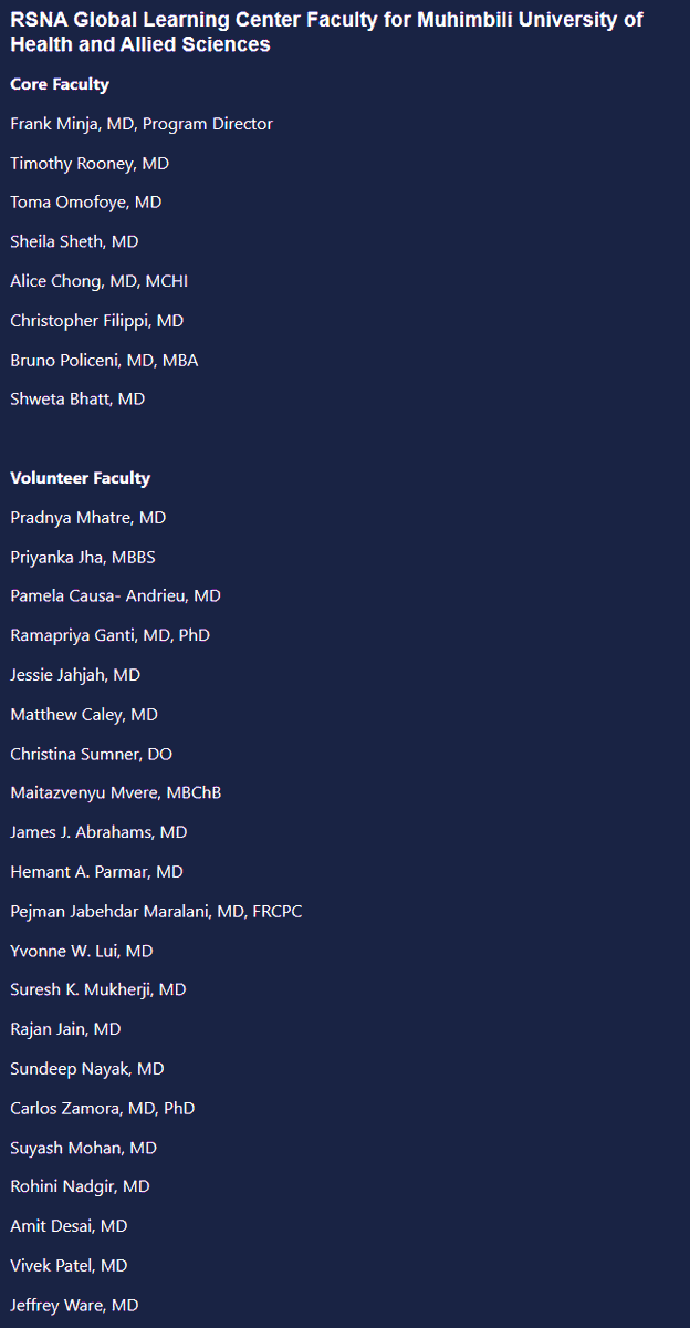 Please meet and help us *Thank* our incredible Volunteer Faculty who made the @RSNA #Tanzania Global Learning (Center) possible! Asanteni Sana rsna.org/news/2024/may/… @rooney_timothy @TomaOmofoyeMD @SheilaJSheth @DrAliceChong @sairaallapeikko @bpoliceni @sbhatt1516