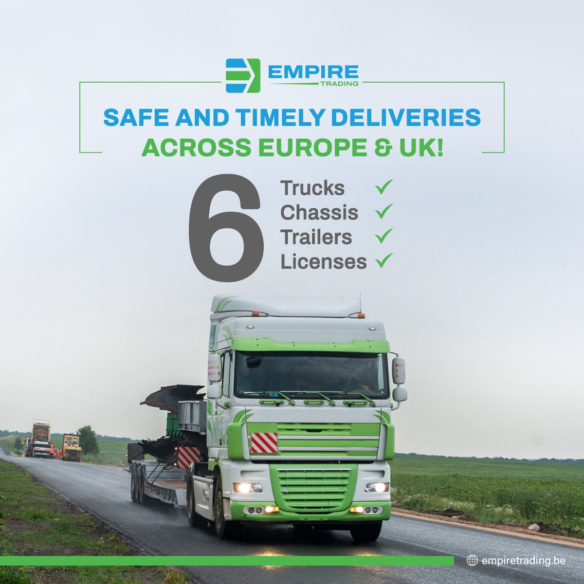 Empire1190's tweet image. With our fleet of 6 trucks, 6 chassis, 6 trailers, and 6 licenses, we guarantee efficient and reliable transportation services for all your cargo needs. 

#cargosafty #crossbordertransport #transportservices #logisticsservices #cargohandling #fleets #roadfreight #europetouk
