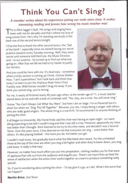 Our wonderful trustee, Martin Brice, isn’t just an ace at governance, but also entertains audiences as part of @RTWOrpheusMVC We were lucky enough to host the group’s annual concert last Saturday, and here is what Martin had to say in their programme...