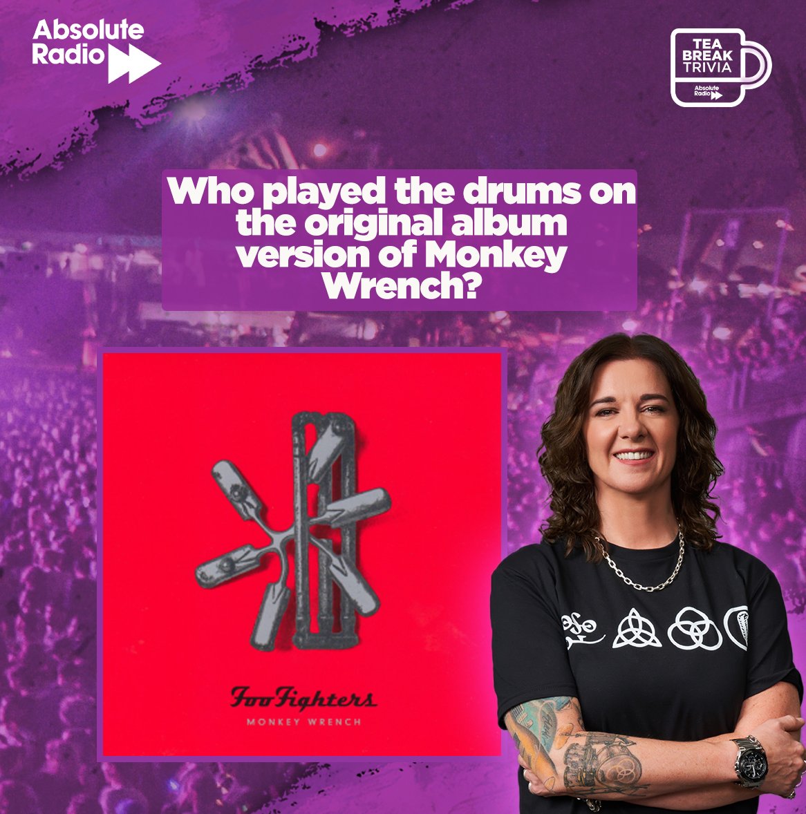 Stick on the kettle and think about @leonagraham's #TeaBreakTrivia question... Who played the drums on the original album version of Monkey Wrench by Foo Fighters?