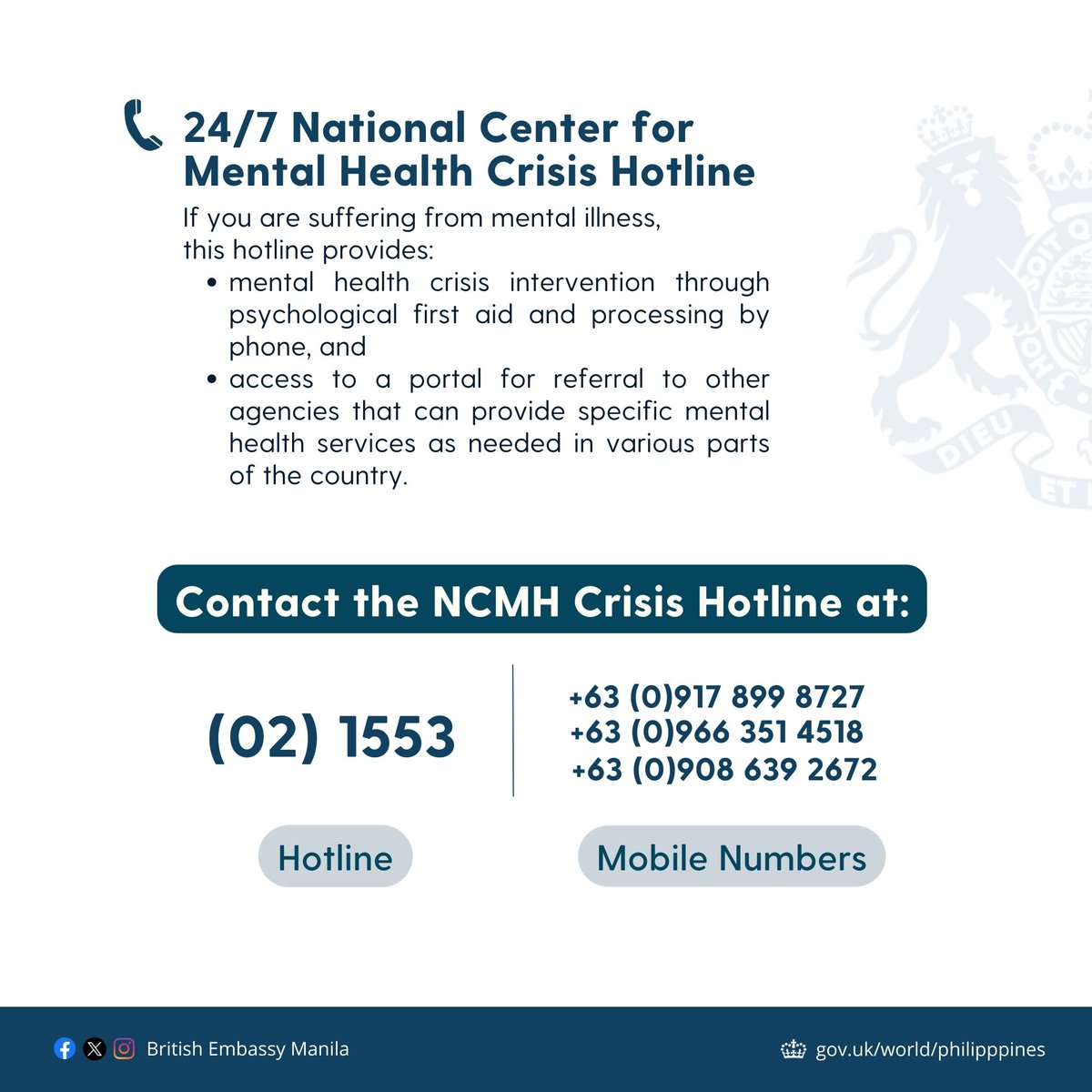#DidUKnow that the National Center for Mental Health has a Crisis Hotline that offers free 24/7 support and referrals for people in need, even for British Nationals in the 🇵🇭?

Don't hesitate to reach out for help.