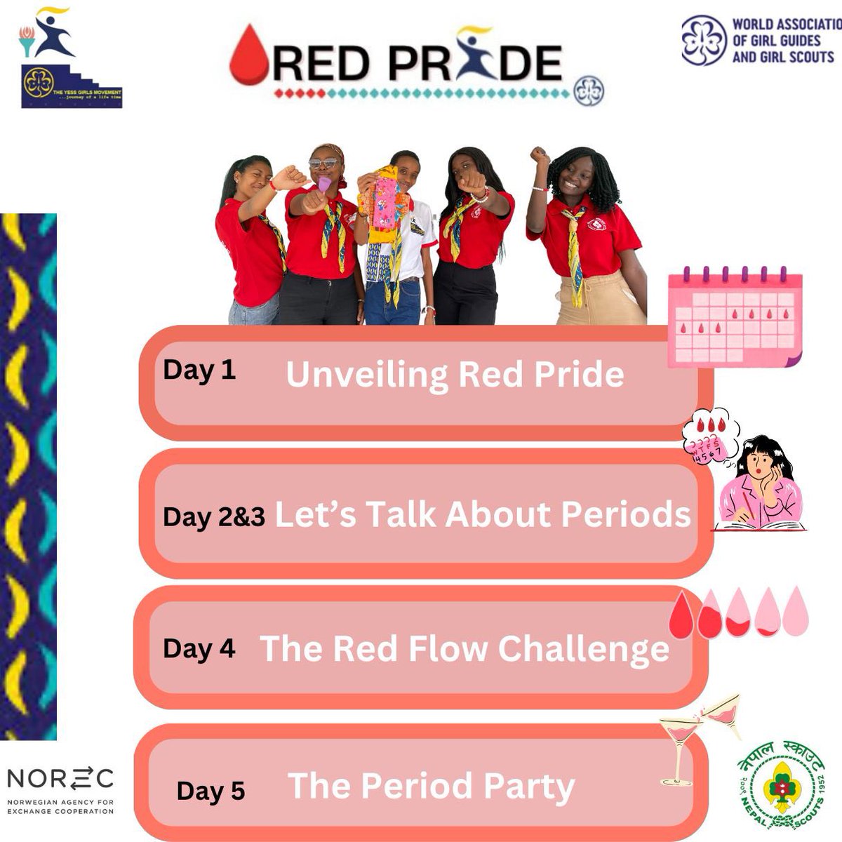 This week we celebrate our Red Pride Week with exciting and engaging activities to promote a period friendlyworld.Follow, like and share! yessgirlsmovement #redpride
#periodfriendlyworld @YessMovement @Norecno @wagggsworld @WAGGGSAsiaPac @africa_region @Nepalscouts