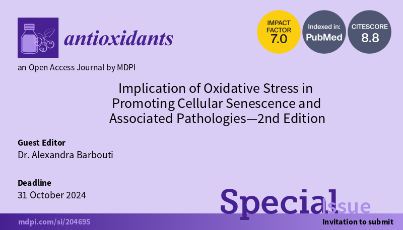 🔥We are pleased to announce that Dr. Alexandra Barbouti is now leading the 2nd volume of Special Issue 'Implication of #OxidativeStress in Promoting Cellular #Senescence and Associated Pathologies'! 👏Look forward to receiving your submissions at: mdpi.com/si/204695