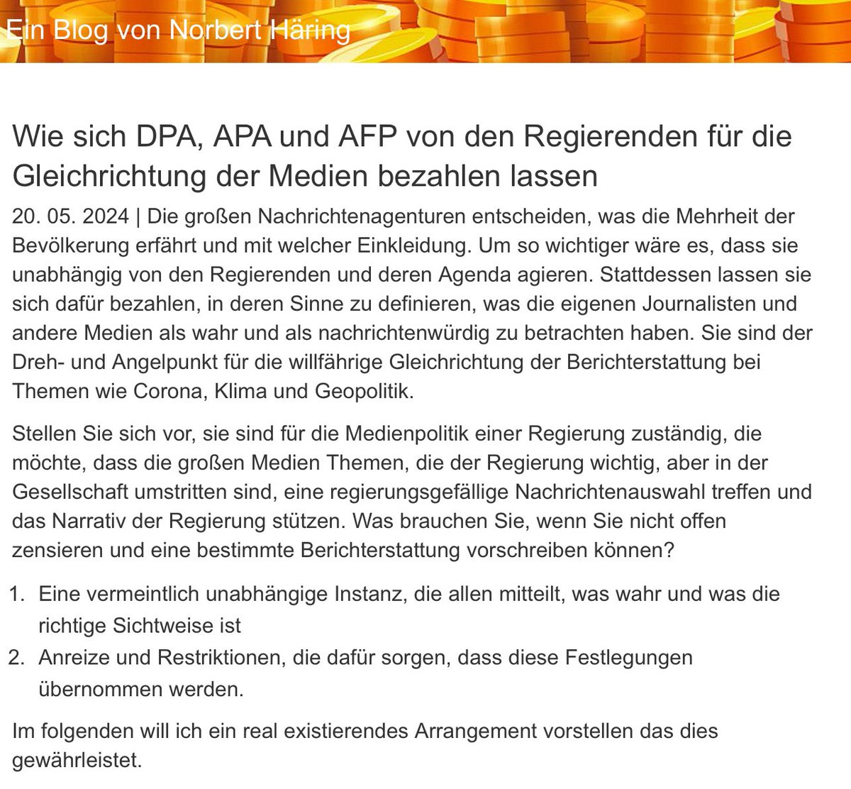 „Fazit

Eine aus den USA koordinierte, von der EU bezahlte und der Bundesregierung unterstützte Faktencheckerszene sorgt dafür, dass alle Medien zu wichtigen Themen mit narrativ-treuen Agenturberichten versorgt werden, die sie weiterverbreiten, und in eigenen Berichten und