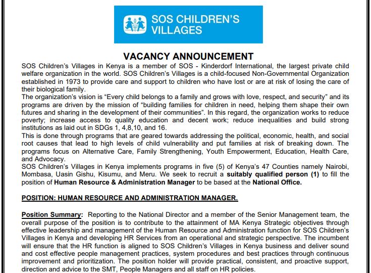 Join SOS Children's Villages in Kenya as our next Human Resource & Administration Manager! Make a difference by supporting children who have lost or are at risk of losing parental care. Link>drive.google.com/file/d/1EzweXU…
