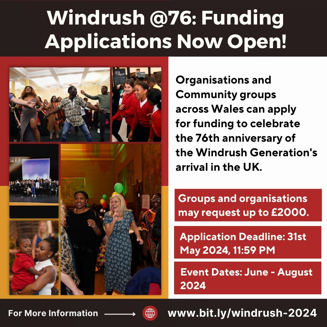 📢 Windrush Grant 2024 – 8 Days Left to Apply! 📢 Organisations and community groups in Wales can get up to £2000 in funding to celebrate the 76th anniversary of the Windrush Generations' arrival. Deadline: 31st May 2024, 11:59 PM 🔗 bit.ly/windrush-2024 #Windrush76