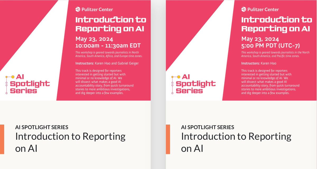 Today at 10:00am EDT and 5:00pm PDT, the @PulitzerCenter's AI Spotlight Series will host a 90-minute webinar led by reporters @_KarenHao and @gabriels_geiger, designed to get journalists started reporting on AI. Learn more and register: buff.ly/4bKx4Eq