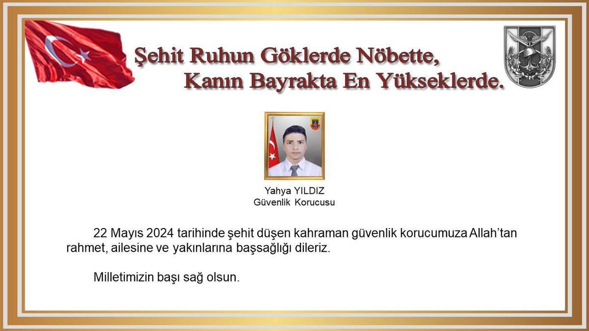 Başımız sağ olsun. 🇹🇷 Pençe-Kilit operasyonu bölgesinde terör örgütü PKK’nın yerleştirdiği patlayıcının patlaması sonucu şehit olan Piyade Sözleşmeli Er Vedat Zorba ve Güvenlik Korucumuz Yahya Yıldız’a Allah’tan rahmet, ailelerine sabır diliyorum.