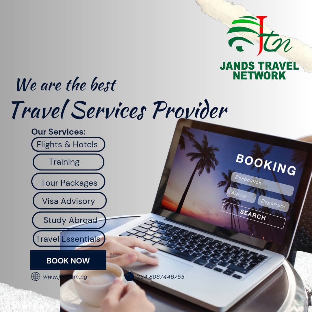 Once again let us introduce ...Jands Travel Network. Our services: Flight & Hotel reservations, Tour Packages, visa assistance, Training and Study Packages. Location: 34 Chime Avenue, New Haven, Enugu. Contact: +234 815 232 3878/ info@jtn.com.ng, jtn.com.ng.