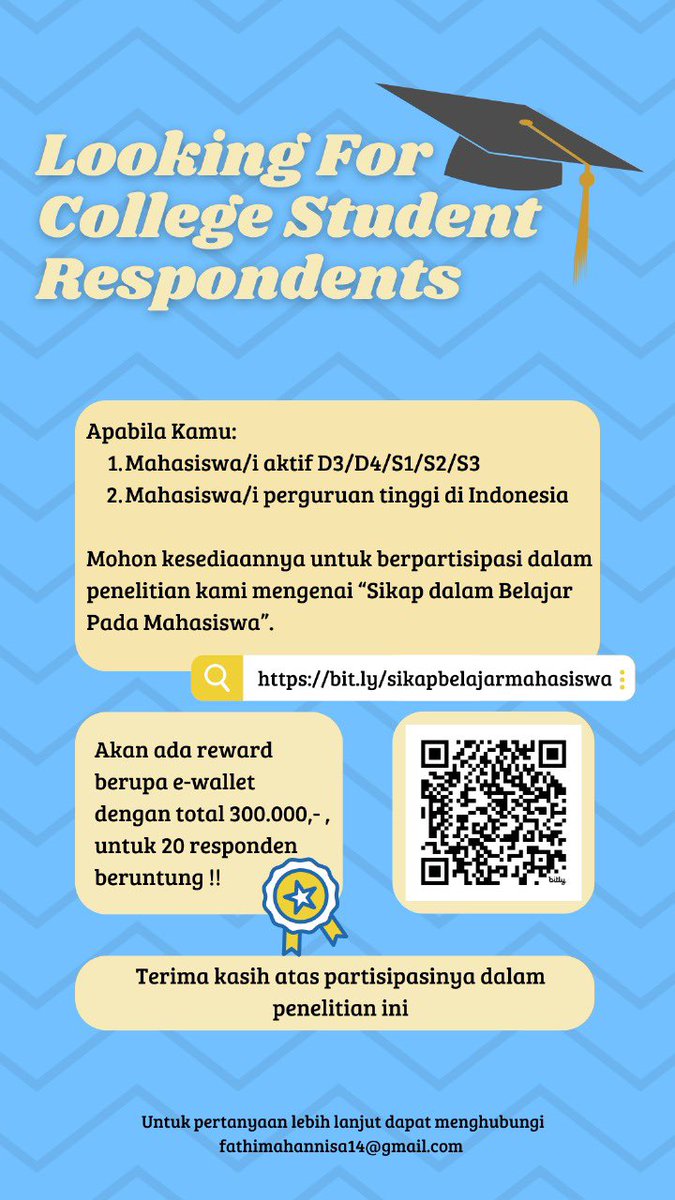 _fazzzz_'s tweet photo. Haloo, perkenalkan saya Fathimah mahasiswa semester akhir Psikologi UNJ yang sedang mengerjakan skripsi mengenai sikap belajar mahasiswa di Indonesia. Bagi temen-trmen mahasiswa bisa klik link berikut:

https://t.co/w2PXx2pSms

Terima kasih atas kesediaannya 🙏 https://t.co/Otrv5w9ZDy
