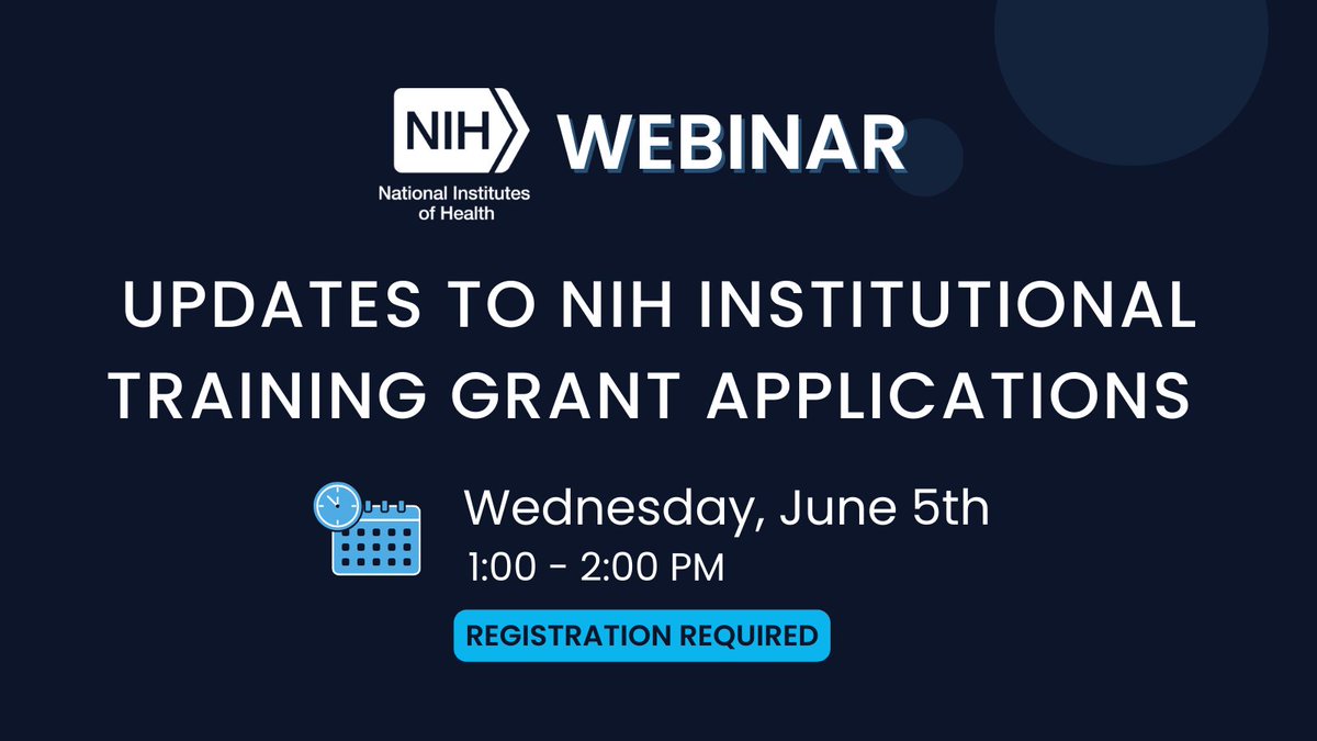 Join @NIH on Wednesday, June 5th at 1pm for a live virtual event regarding upcoming changes to the NIH institutional training grant application for submissions due on or after January 25, 2025. Learn more & register➡️ tinyurl.com/3hc8zbw3