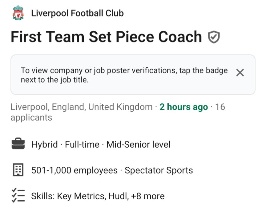 ❗𝗕𝗥𝗘𝗔𝗞𝗜𝗡𝗚: #InfoLoker Liverpool telah memulai proses perekrutan pelatih spesialis set piece di LinkedIn untuk bergabung dengan staf Arne Slot.

Tugas ini sebelumnya dilakukan oleh Lijnders dan Krawietz, namun klub sekarang akan membuat perekrutan khusus. (dmlynchlfc)