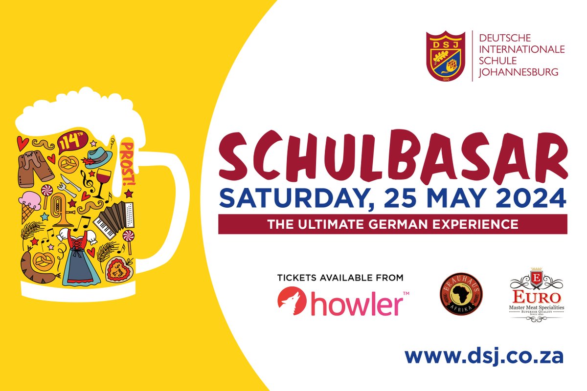 The Schulbasar is just TWO DAYS away, pre-sale tickets cost R190 and will be available until 18:00 on Friday, 24 May 2024.

Grab yours here: howler.co.za/events/schulba…

Tickets will be sold at the gate for R220. 

#Basar #Schulbasar #UltimateGermanExperience