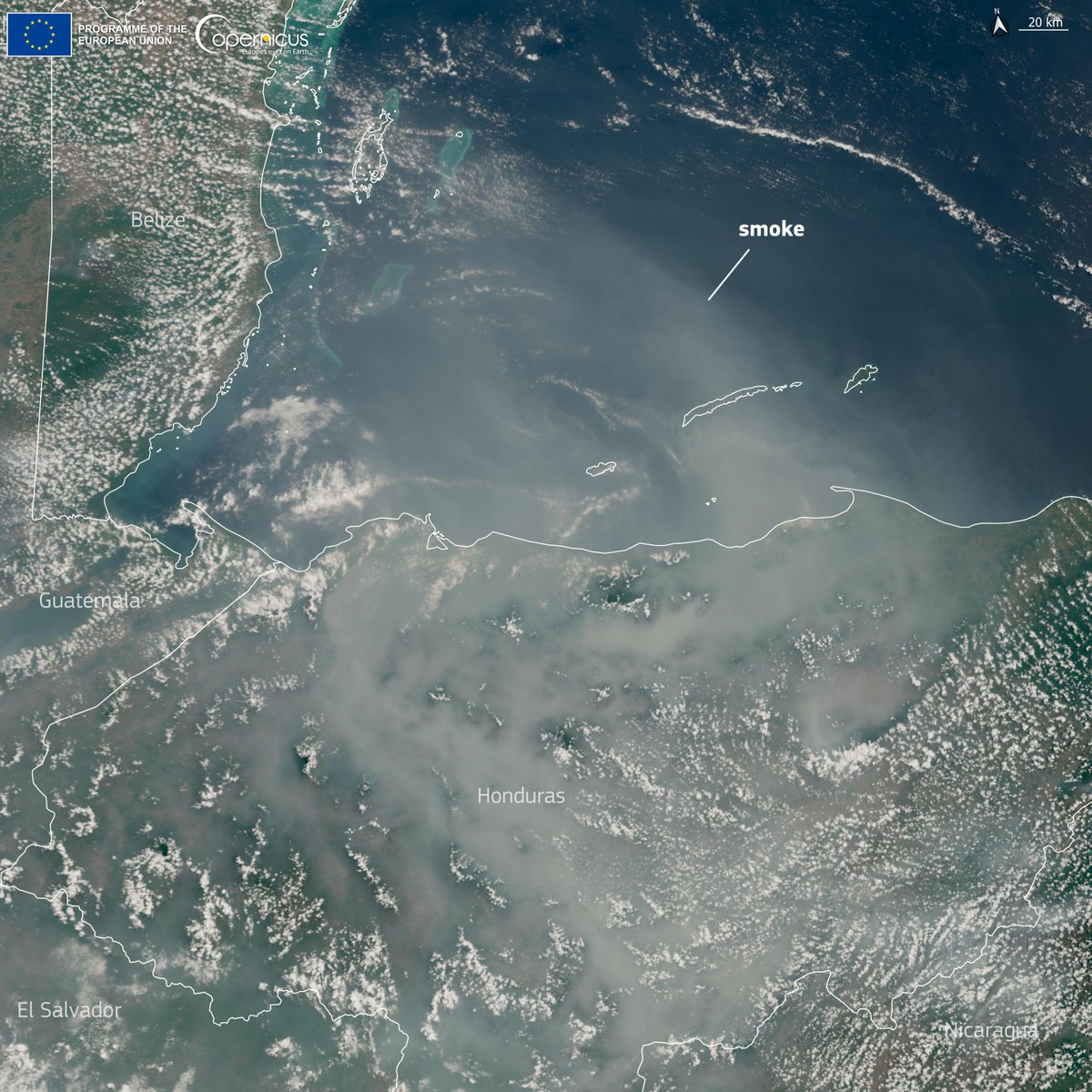 #Copernicus for #AirQuality Numerous fires are burning in Central America🌎 The large amounts of smoke produced heavily affect #AirQuality and visibility in the area 🇭🇳🇬🇹🇧🇿 ⬇️#Sentinel3 image from 21 May