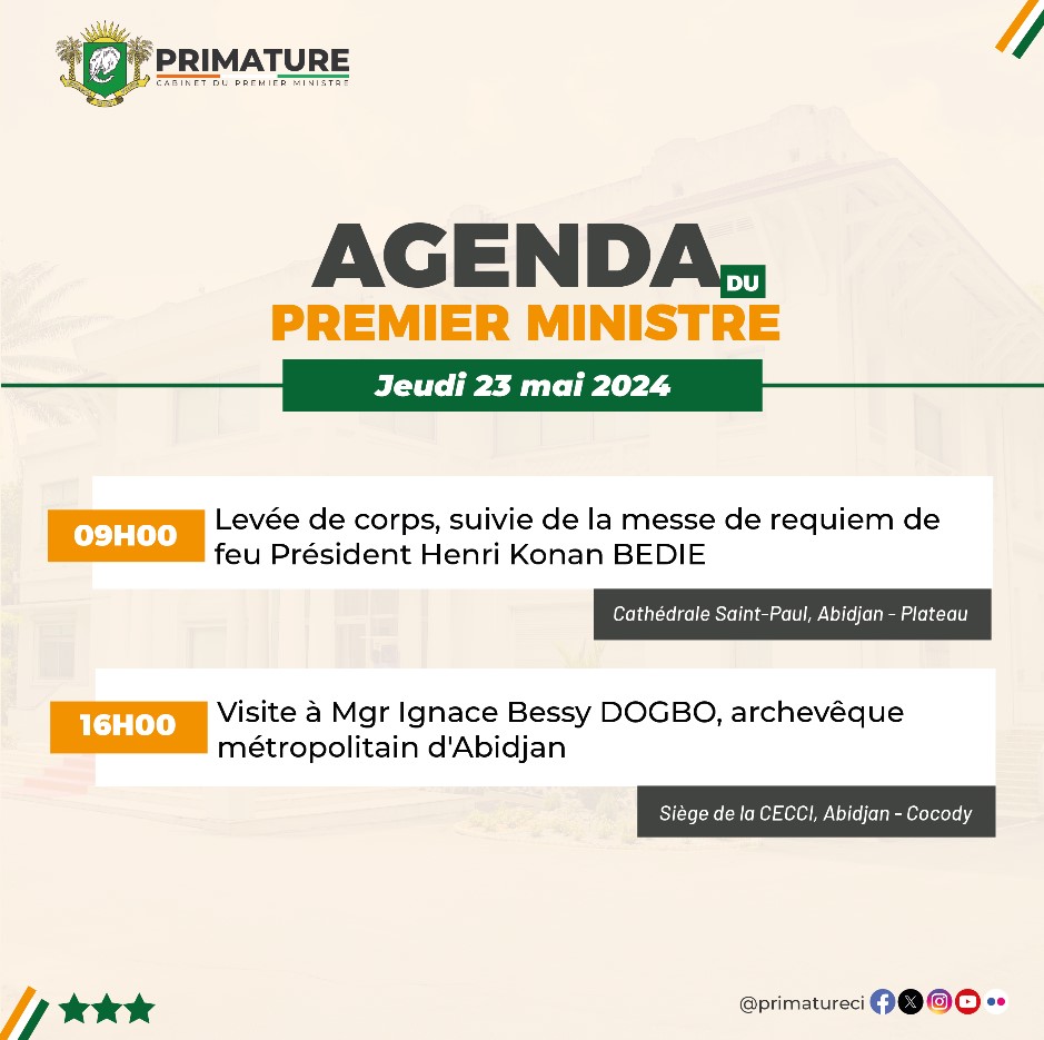 Ce jeudi matin, le Premier Ministre @DrBeugreMambe prendra part à la levée de corps de feu Président Henri Konan BEDIE. L'après-midi, il rendra une visite à Mgr Ignace Bessy Dogbo, nommé le lundi 20 mai, nouvel archevêque métropolitain d'Abidjan. #PrimatureCI