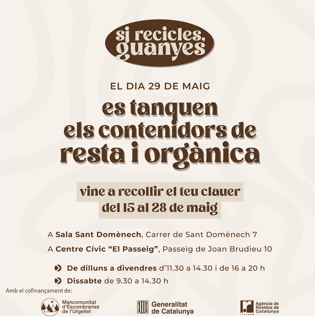 Per obrir els nous contenidors tancats de resta i   orgànica, caldrà que vinguis a recollir els clauers que et facilitem. Vine   als punts informatius amb la carta que has rebut al teu domicili.