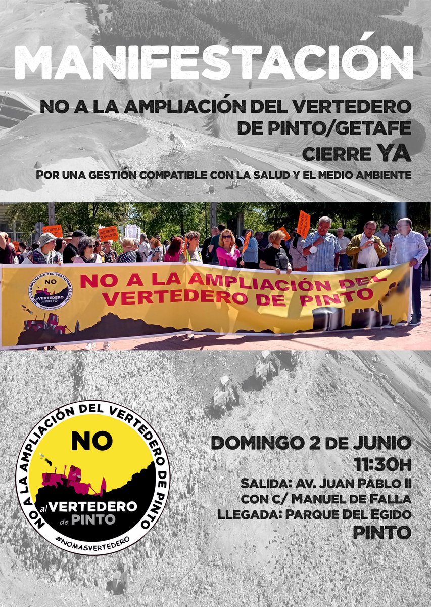 🔴MANIFESTACIÓN contra la ampliación del vertedero de #Pinto y #Getafe
🗓️DOMINGO 2 DE JUNIO
🕰️11:30 h
📍Av. Juan Pablo II con C/ Manuel de Falla, Pinto

✊Por una gestión compatible con la salud y el medio ambiente
#Noampliacionvertedero
<a href="/asensiomar/">Asensio Martínez</a> <a href="/DJMesav/">David J. Mesa Vargas</a> <a href="/CarlosNovilloPi/">Carlos Novillo Piris</a>