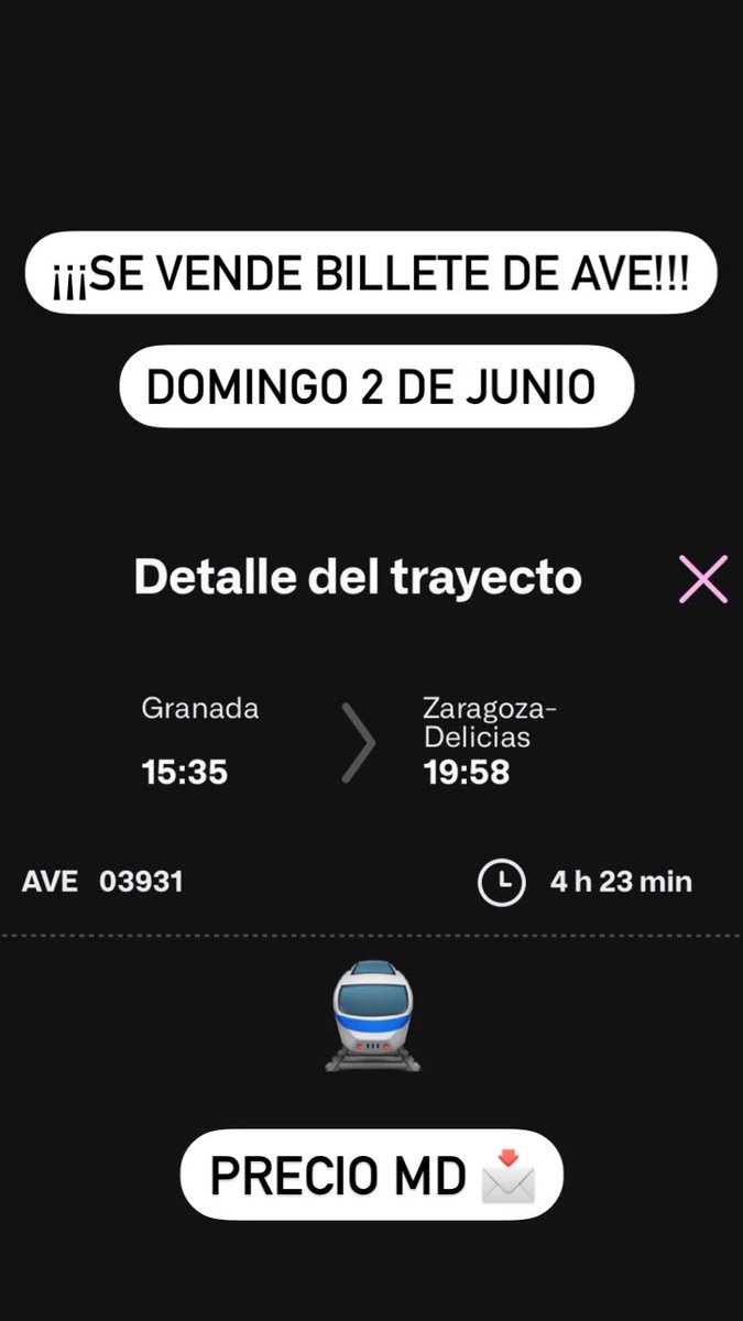 maiderlr's tweet photo. Se vende billete de AVE Granada - Zaragoza. 
Domingo 2 de junio, más información por privado!!! @evatrincado_ https://t.co/zxYqrAqTTj