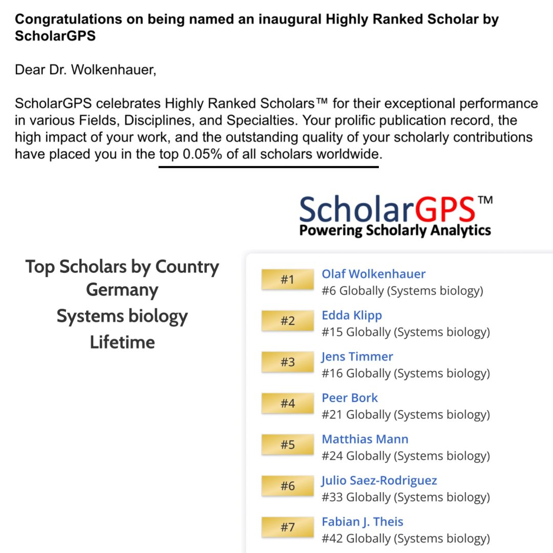 Congratulations: 👏ScholarGPS has appointed Olaf Wolkenhauer (@olafwolkenhauer) as a high-ranking scientist! He is professor at the @unirostock and visiting professor at @LeibnizLSB. He is ranked #1 for #systemsbiology in Germany and #6 worldwide scholargps.com/search.php?typ…