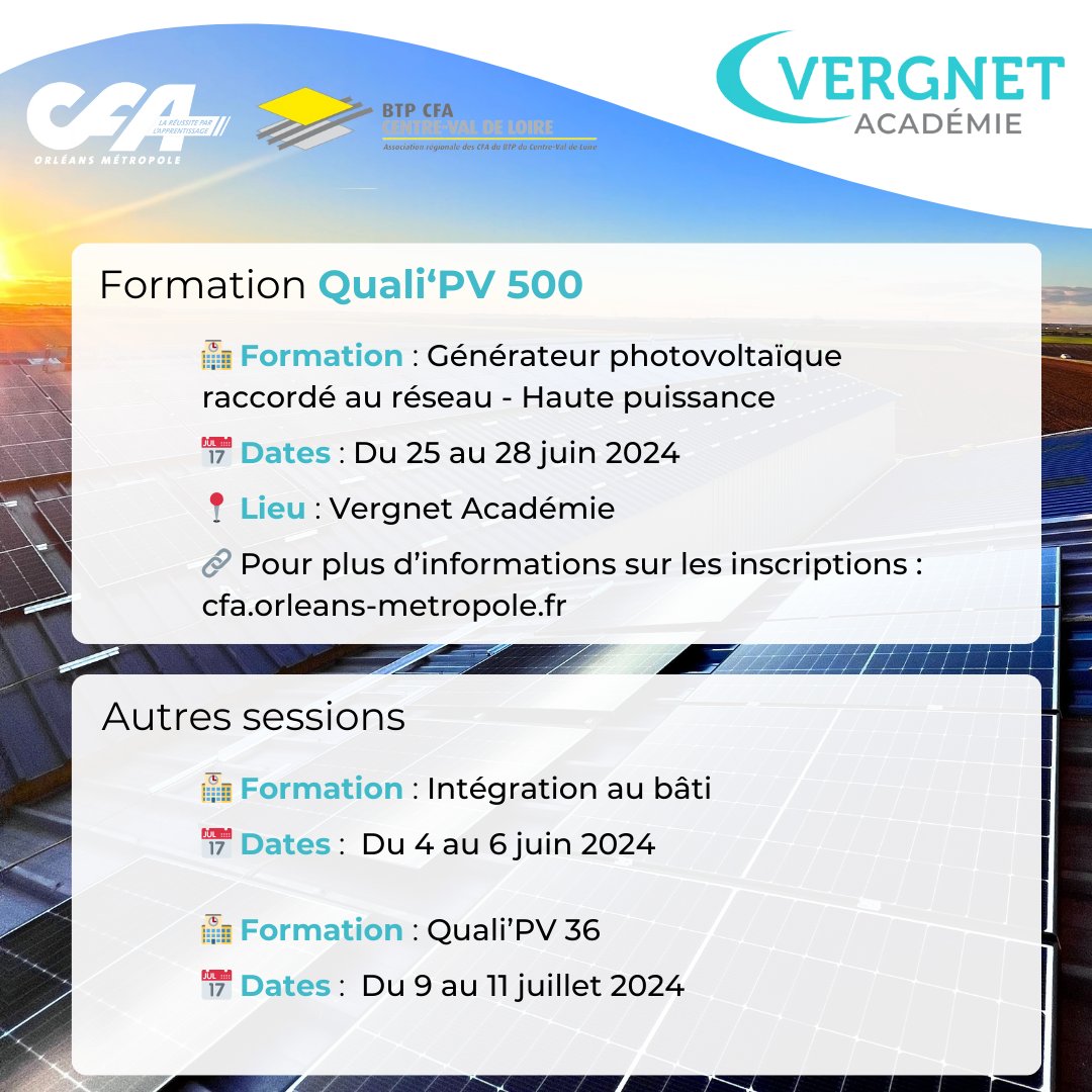 VergnetEnergy's tweet photo. 🌞 Nouvelle session de formation Quali’PV500 à la Vergnet Académie ! 🌞
 
🏫 Formation : Générateur photovoltaïque raccordé au réseau - Haute puissance

📅 Dates : Du 25 au 28 juin 2024

📍 Lieu : Vergnet Académie https://t.co/KS9xEFbNuK