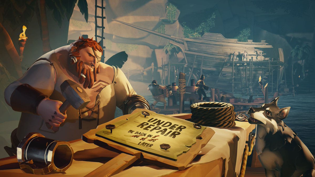 SeaOfThieves's tweet photo. The Sea of Thieves servers are now offline. Take some time to sharpen your throwing knives and pluck out a few tunes on your banjo - we'll let you know when it's safe to set sail again. https://t.co/bWEemfB5N4