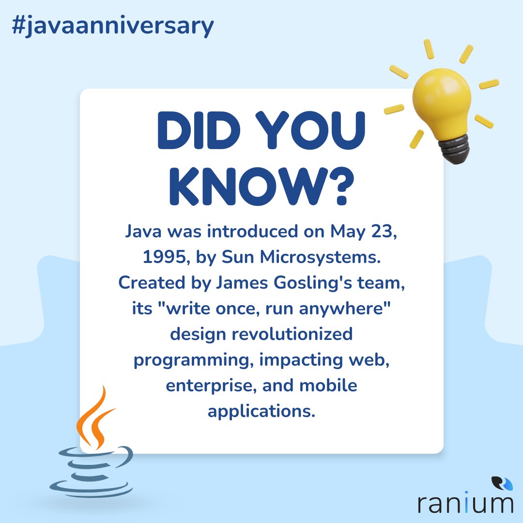 ranium's tweet image. Did you know?
Java was introduced on May 23, 1995, by Sun Microsystems, thanks to James Gosling’s team! 🎉
#Java #ProgrammingHistory