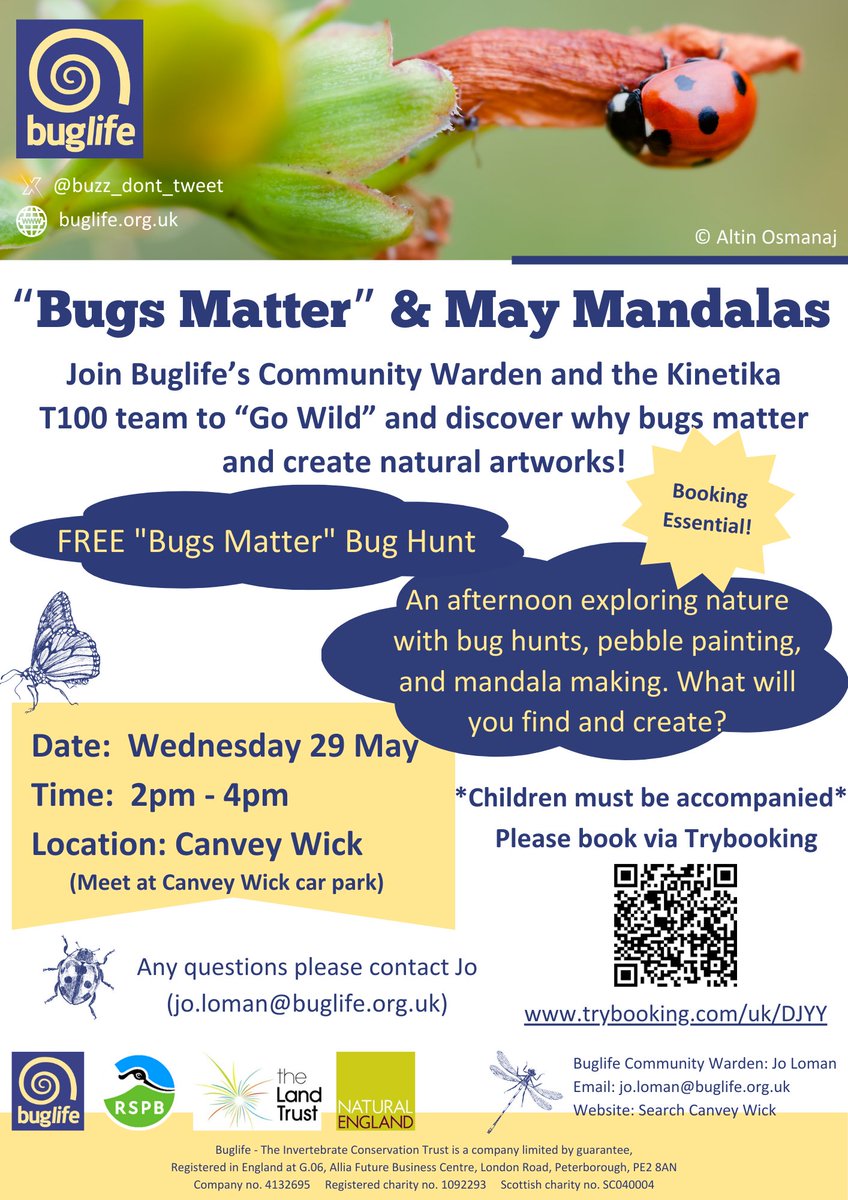 Join #CanveyWick Community Warden, Jo, & the @Kinetika @T100Festival team to 'Go Wild' & discover why bugs matter & create natural artworks.

🗓️ Wednesday 29 May
🕙 14:00-16:00
📌 Canvey Wick, SS8 0PT

Booking essential, follow the link 
👇
trybooking.com/uk/DJYY

#BugsMatter