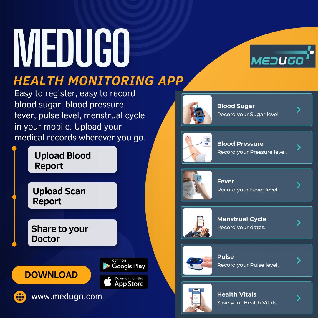 Medugo - Your Ultimate Health Companion! Easy to record vital signs, blood sugar, pressure & more. Scan or upload reports in your preferred language. Try it now and take control of your health journey with ease! #HealthMonitoring #HealthLocker #medugo