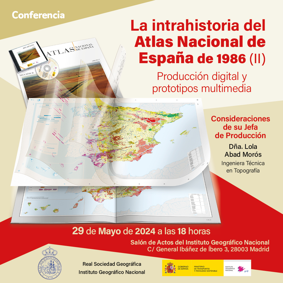 📣#Conferencia: La intrahistoria del #AtlasNacionaldeEspaña de 1986 (II). Producción digital y prototipos multimedia🗺️ 🎙️Lola Abad  🗓️29 de mayo ⌚18:00  📍Salón de Actos de sede IGN ℹ️ Info en noticia 👉 tinyurl.com/4kerua9t #IGNSpain #CNIG @RealSociedadGeo @transportesgob